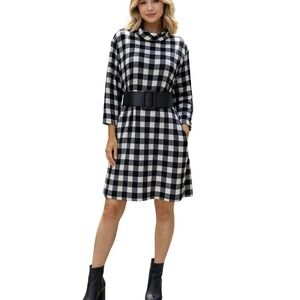 NEW Talbots Plus Sz 2X Buffalo Plaid Funnel Neck Dress Black White Long Sleeve